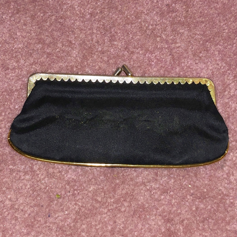 Vintage retro 1950 Elegant Victorian esq Black Satin Clutch pouch purse gold rim